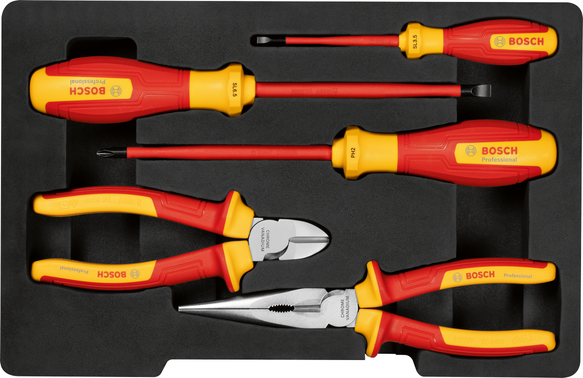 Bosch手動工具混合套裝，5 件裝於托盤中。